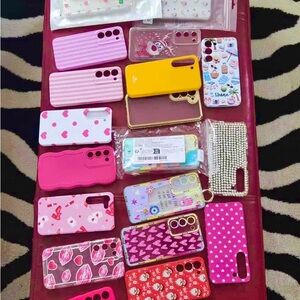 Samsung Pink and Yellow Phone Cases S23 bundle around 33 cases most never used.